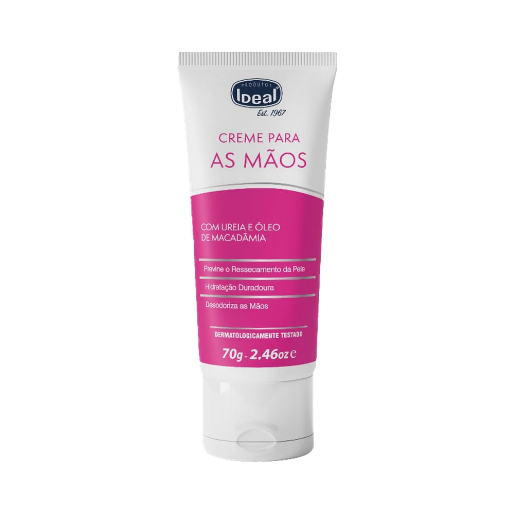 Creme para mãos Ideal com ureia e óleo de macadâmia em embalagem branca com detalhes em rosa